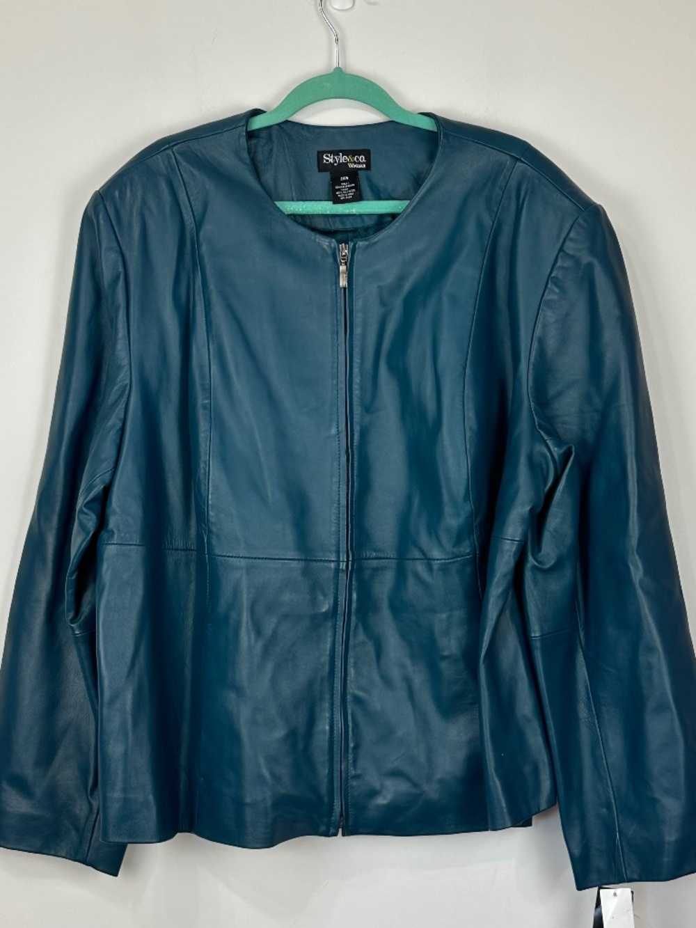 NWT Style & Co Womens Teal Blue Zip Leather Jacket 24W Vintage Retro Colorful